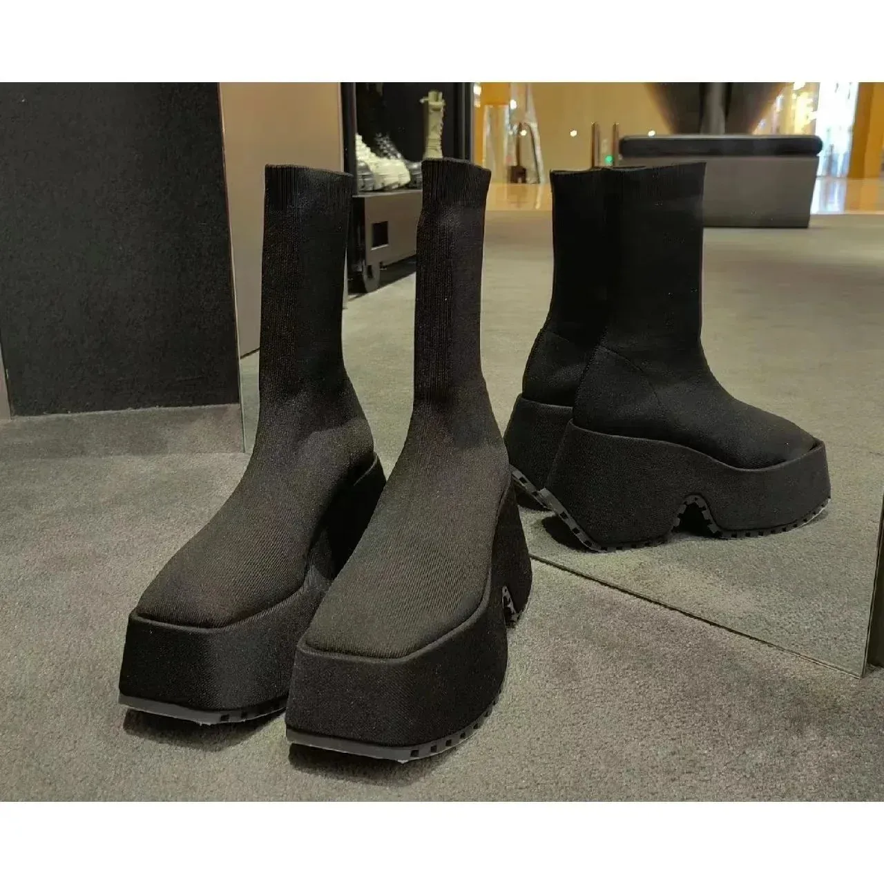 Șosete pantofi casual cu platformă ascunsă pentru femei, toamnă, tricotate, scurte, cizme cu platformă 11cm 241022_voghion.com