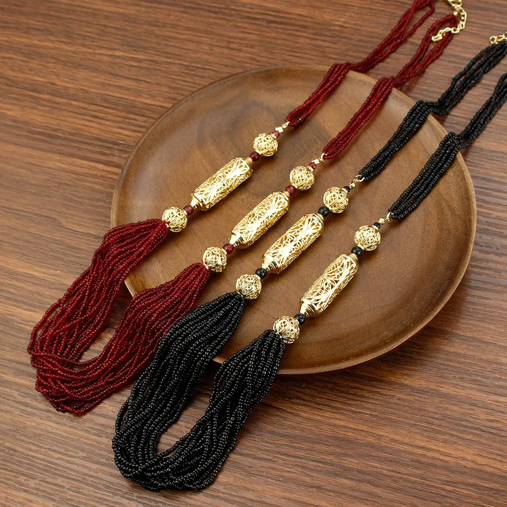 Catene Neovisson Fashion Style Marocco Perline Collana Per Donne Aristocratiche Catena Lunga Rosso Nero Arabo Etnico Nozze_voghion.com