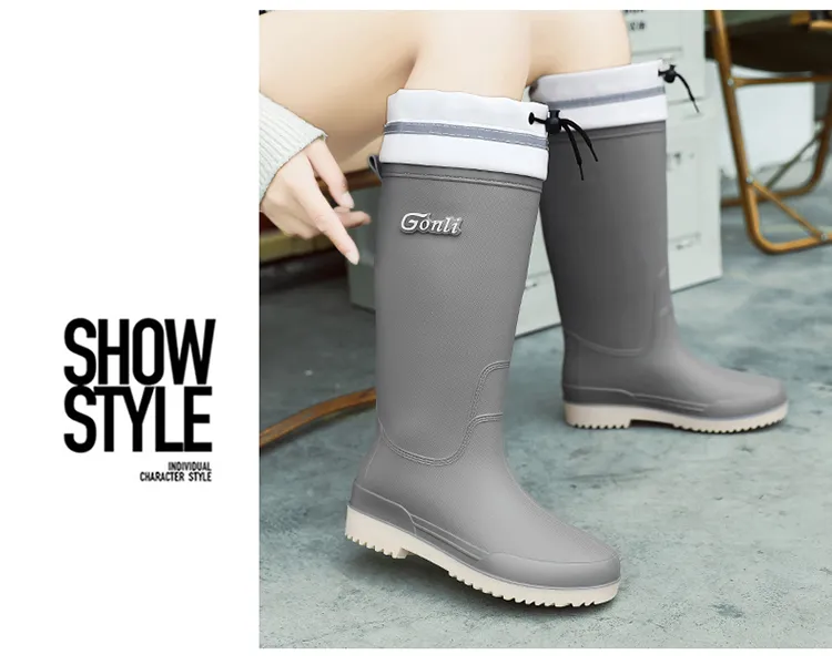 2025 Damen Lange Dicke Sohle Mode Gummistiefel Neue Waterproonti Slip High Tube Regenschuhe Reine Farbe Ruiba X560_voghion.com