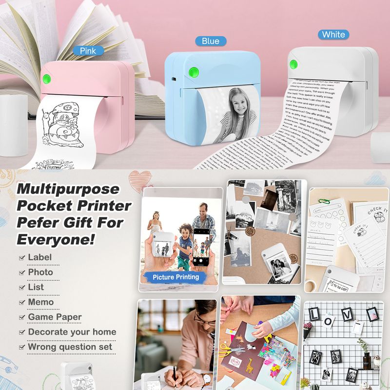 Pocket Mini Portable Wireless BT Thermal Photo Printer , Inkless Printing Gift Study Notes Label Receipt With 11 rolls_voghion.com