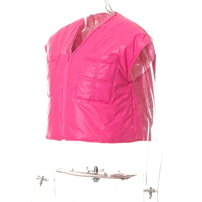 K22TP499 Inverno Nuovo 2024 Tinta Unita Senza Maniche Tasca con Cerniera Casual Donna Cotone e Canotta Top_voghion.com