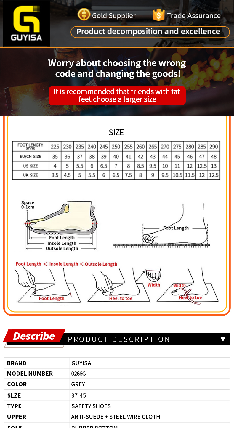GUYISA Scarpe antinfortunistiche da uomo con punta in acciaio, stivali grigi anti-sfondamento e anti-perforazione, antiusura, CN37-47 0266G_voghion.com