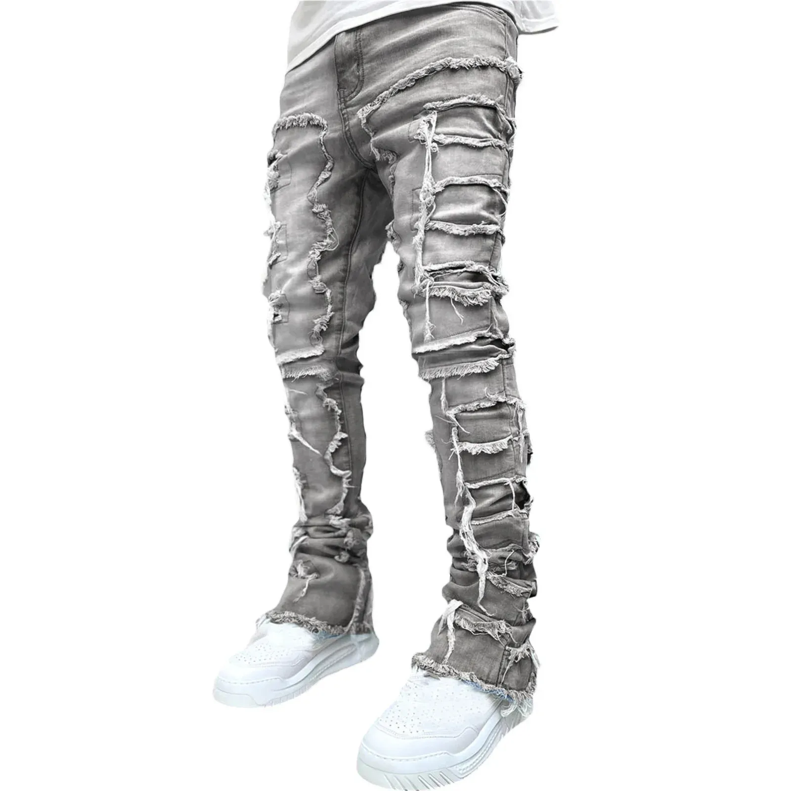 High Street Weiße Herren Stacked Jeans Stretched Patchwork Tassel Damaged Denim Volle Länge Hosen Hippop Hosen Für Männer_voghion.com