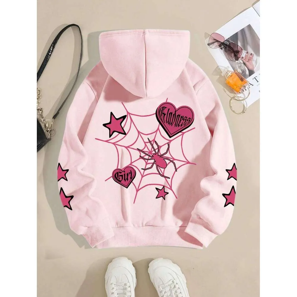 Felpa con cappuccio stampata con stella ragno, felpe sportive da strada da donna, comode maglie girocollo in pile larghe, top da donna_voghion.com