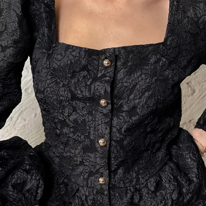 Top a maniche lunghe da donna con maniche a sbuffo jacquard, design versatile, collo quadrato, nicchia_voghion.com