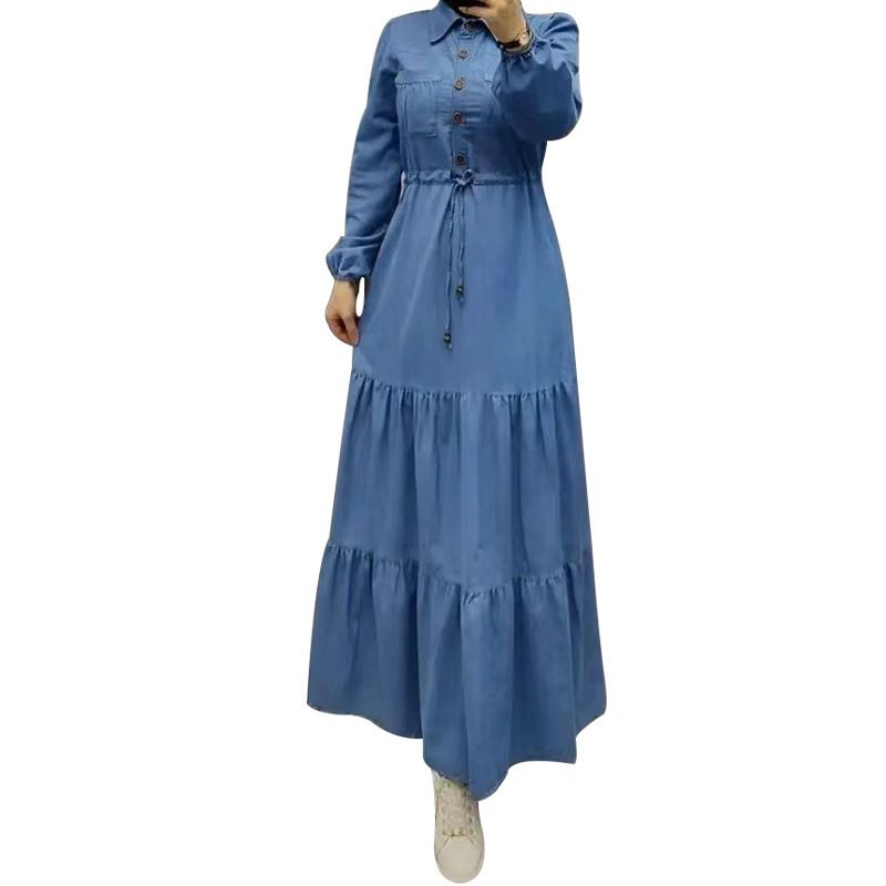 Blo Patchwork Maxi Dubai Tierkesch Kleeder Modesch Elegant Denim Kleed fir Fraen_voghion.com
