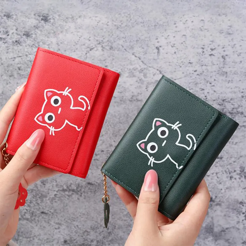 Damen süße Katze kurze Brieftasche Leder kleine Geldbörse Multi-Kartenhalter Geldbeutel_voghion.com
