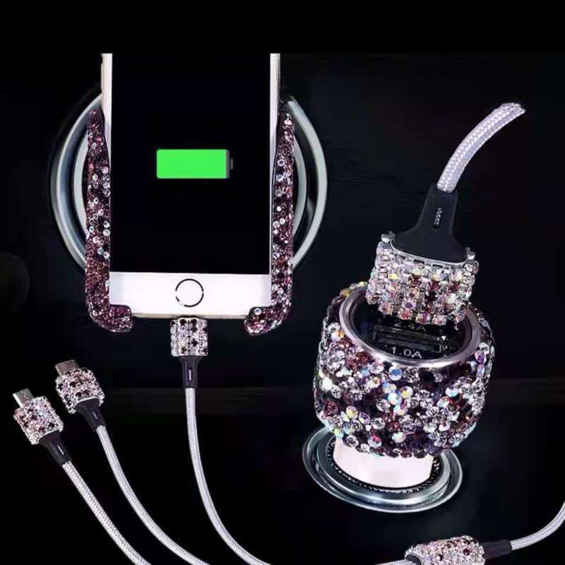 Elmas Gömülü Bir ila Üç Hızlı Şarj Veri Kablosu, Araba USB Çakmak, Cep Telefonu Şarj Cihazı_voghion.com