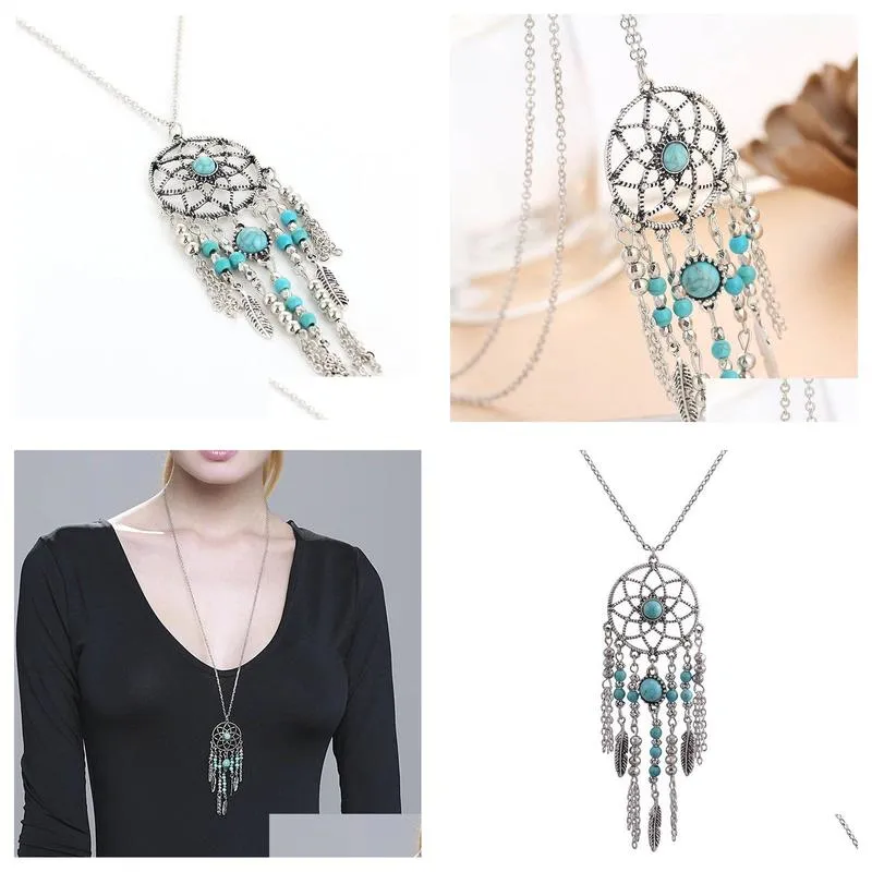 Collane acchiappasogni, ciondolo turchese acchiappasogni, collana a catena lunga, gioielli Bohemia Drop Delivery Nec Dhor3_voghion.com