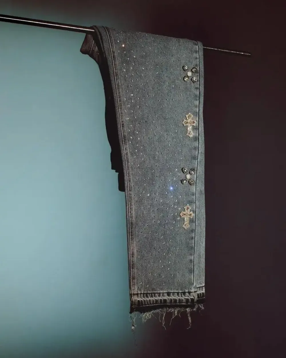 Men's Jeans Y2K Fashion Men Women Haruku Cross Graphic Rhinestone Baggy Trousers Goth Retro Blue Straight Pants_mkmklike.com