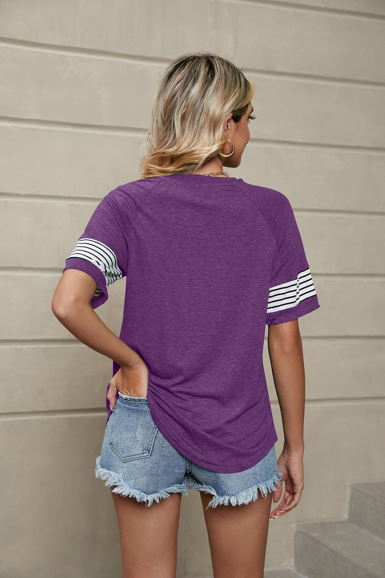 Women's Clothing Stripe Splice Loose Round Neck Short Sleeve T-shirt Tops_voghion.com