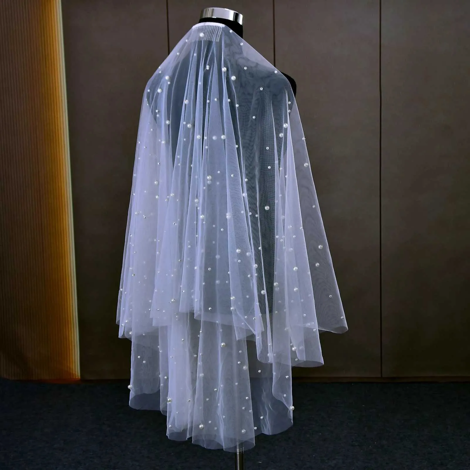 Bijoux de cheveux 2 voiles à nouer, voiles de mariée perlés avec peigne, bord brut, longueur coude, accessoires de mariage_voghion.com