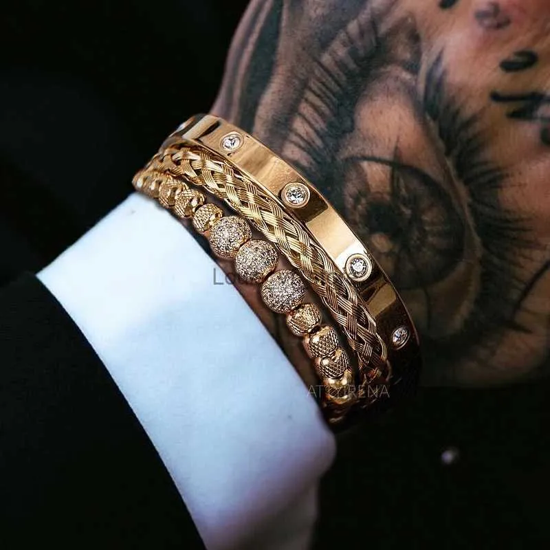Bangle 3 Deluxe Micro Pay CZ Round Beads Royal Charm Mens Stainless Steel Crystal Bracelet Couple Handmade Jewelry Gifts_voghion.com