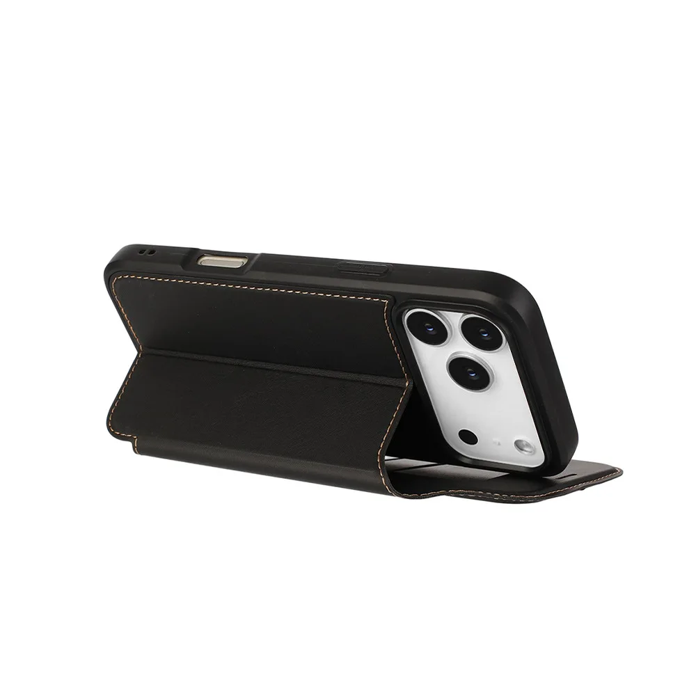 Flip Plain Leather Phone Case For IPhone 17 Pro Max 16e 17Air 16 Pro 15 Plus 14 13 Magnetic Dual Card Slot Bracket Luxury Cover_voghion.com