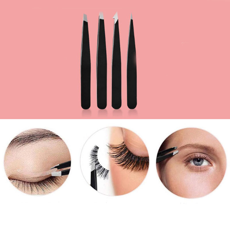 4pcs Fashion Brow Trimmer False Eyelash Clip Eyebrow Stainless Steel Tweezer with PU Bag Beauty Makeup Tools_voghion.com