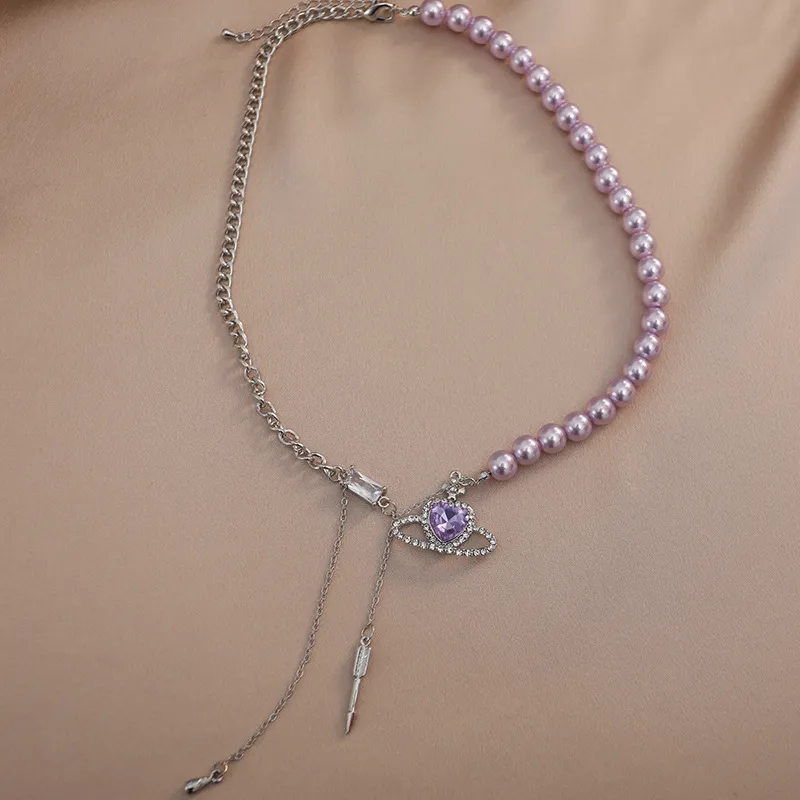 Collane con ciondolo a forma di cuore in cristallo viola Collana con universo per donna Squisita collana con perline di perle Catena girocollo Festa_voghion.com