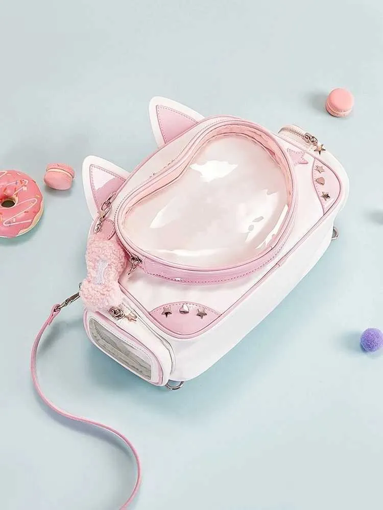 Σακίδιο πλάτης Kawaii Y2K Ita Cat με πτυσσόμενο ρυθμιζόμενο λουράκι, διαφανές τσέπης, στυλ preppy, γυμνάσιο ba241021_voghion.com