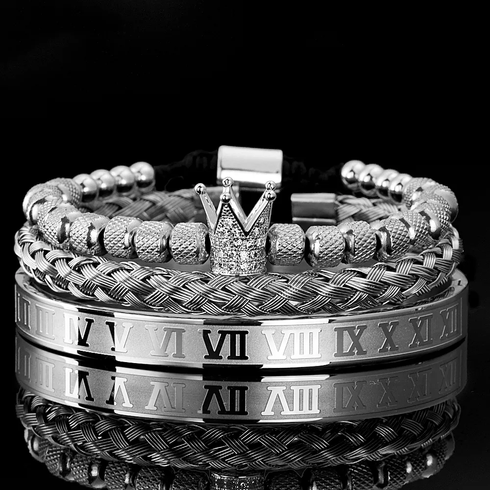 3 stk/sett Micro Pave CZ Crown Roman Royal Charm Men Armbånd Rustfritt stål Krystaller Armbånd Par Håndlagde smykker_voghion.com