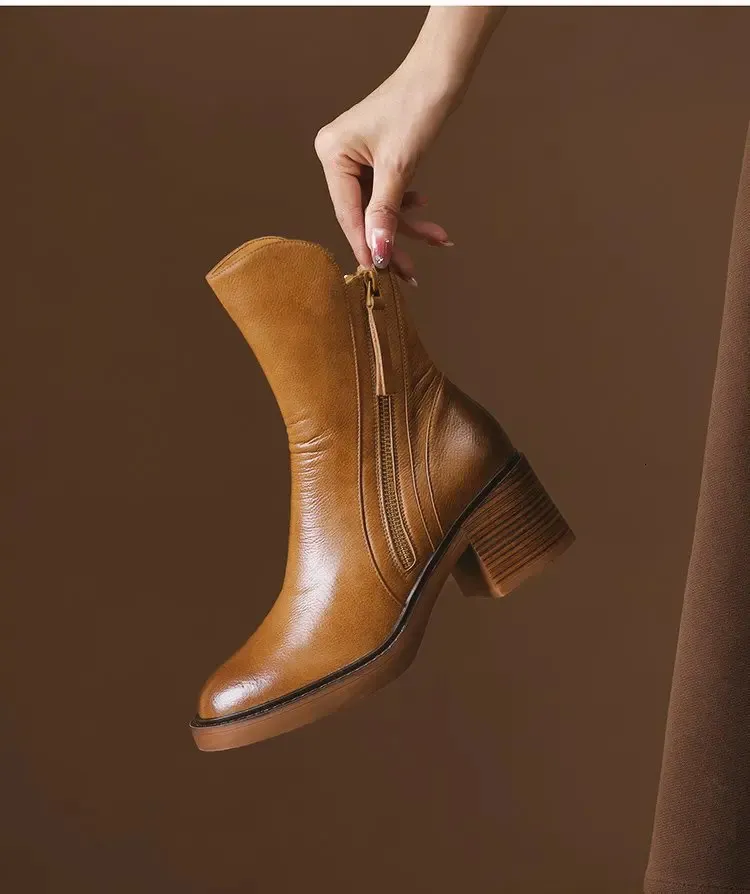 Womens high leather short round thick side zipper foot pedal boots 241022_voghion.com