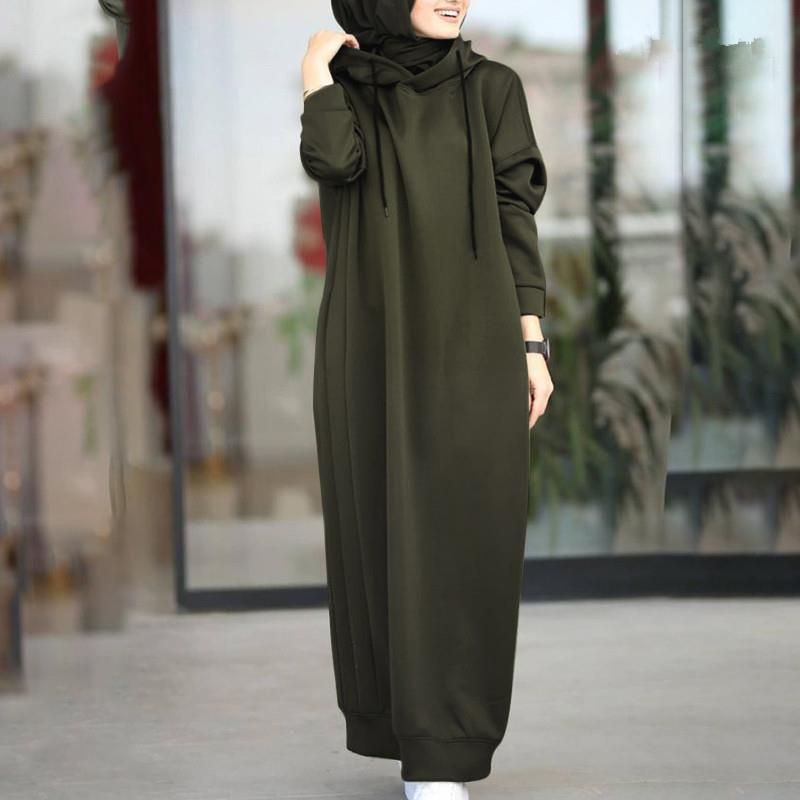 Damenbekleidung Muslimische Herbstkleidung Einfarbig Pelz Plüsch Stoff Mit Kapuze Kordelzug Locker Lässig Tasche Langarm_voghion.com
