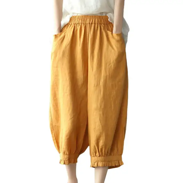 Pantaloni Harem pentru femei, talie înaltă elastică, buzunare largi, culoare solidă, lungime până la jumătatea gambei, retro casual, vară și primăvară, croiți_voghion.com
