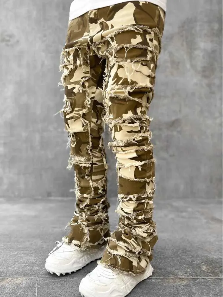 Mens Streetwear Ripped Jeans Fashionable Cool Stretch Pink Stacked Edge Denim Mens Y2K Punk Patch Work Hip-hop Pants_mkmklike.com