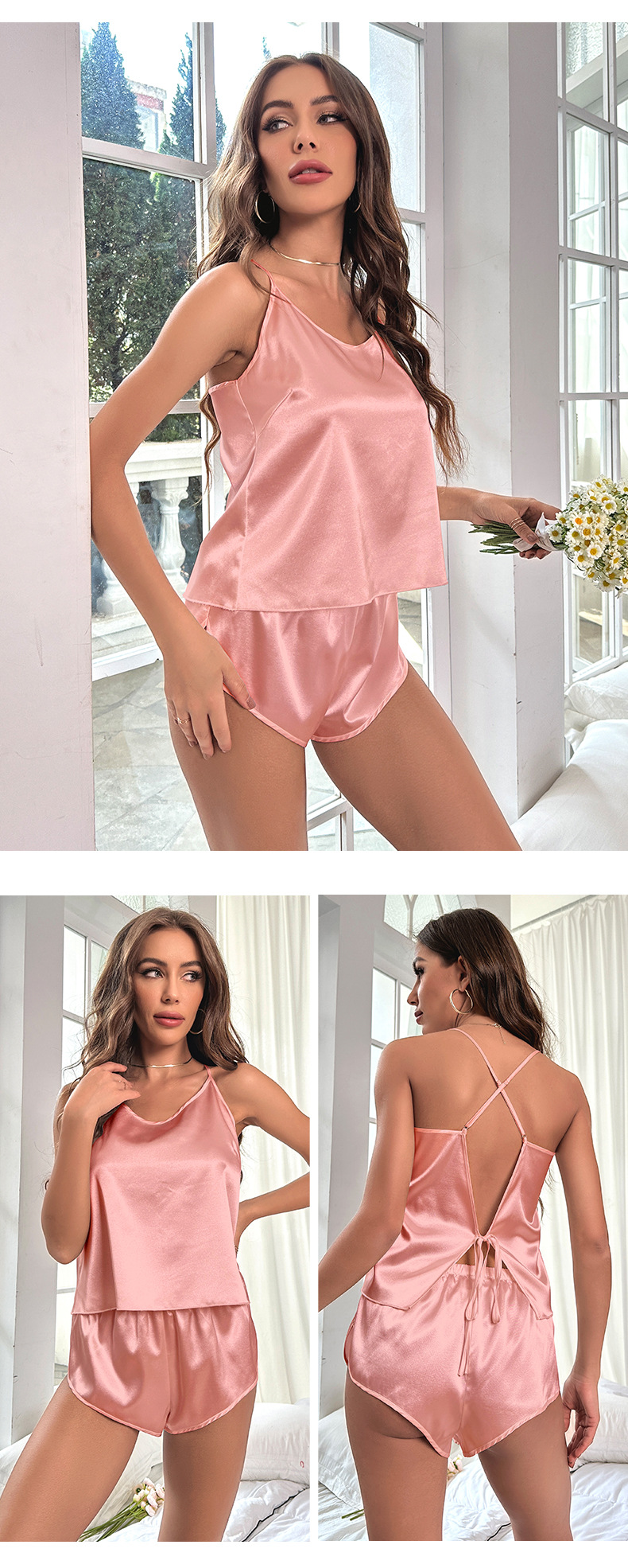 Pyjama en soie glacée pour femme, vêtements de maison sexy pour printemps et été, bretelles, shorts, vêtements de maison, costume deux pièces_voghion.com