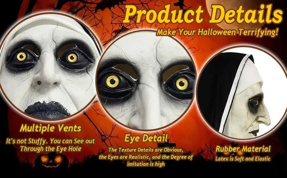 Läskig latexmask med korshalsband och huvudbonad Halloweenfest maskerad nunnadräkttillbehör Y240829_voghion.com