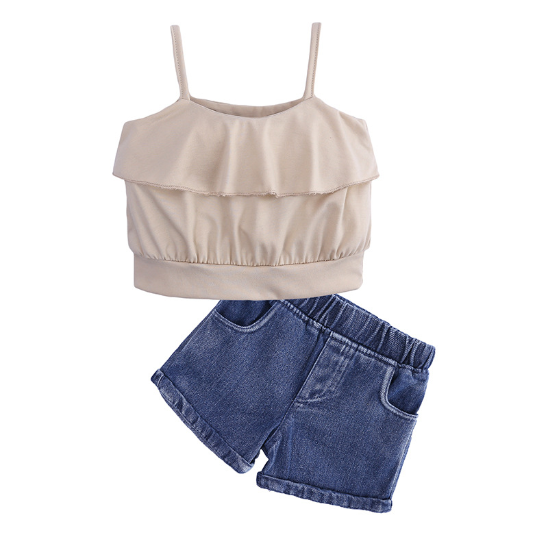 Reggicalze senza maniche alla moda per ragazze e bambini + set di due pezzi di pantaloncini di jeans INS fornitura per il commercio estero_voghion.com