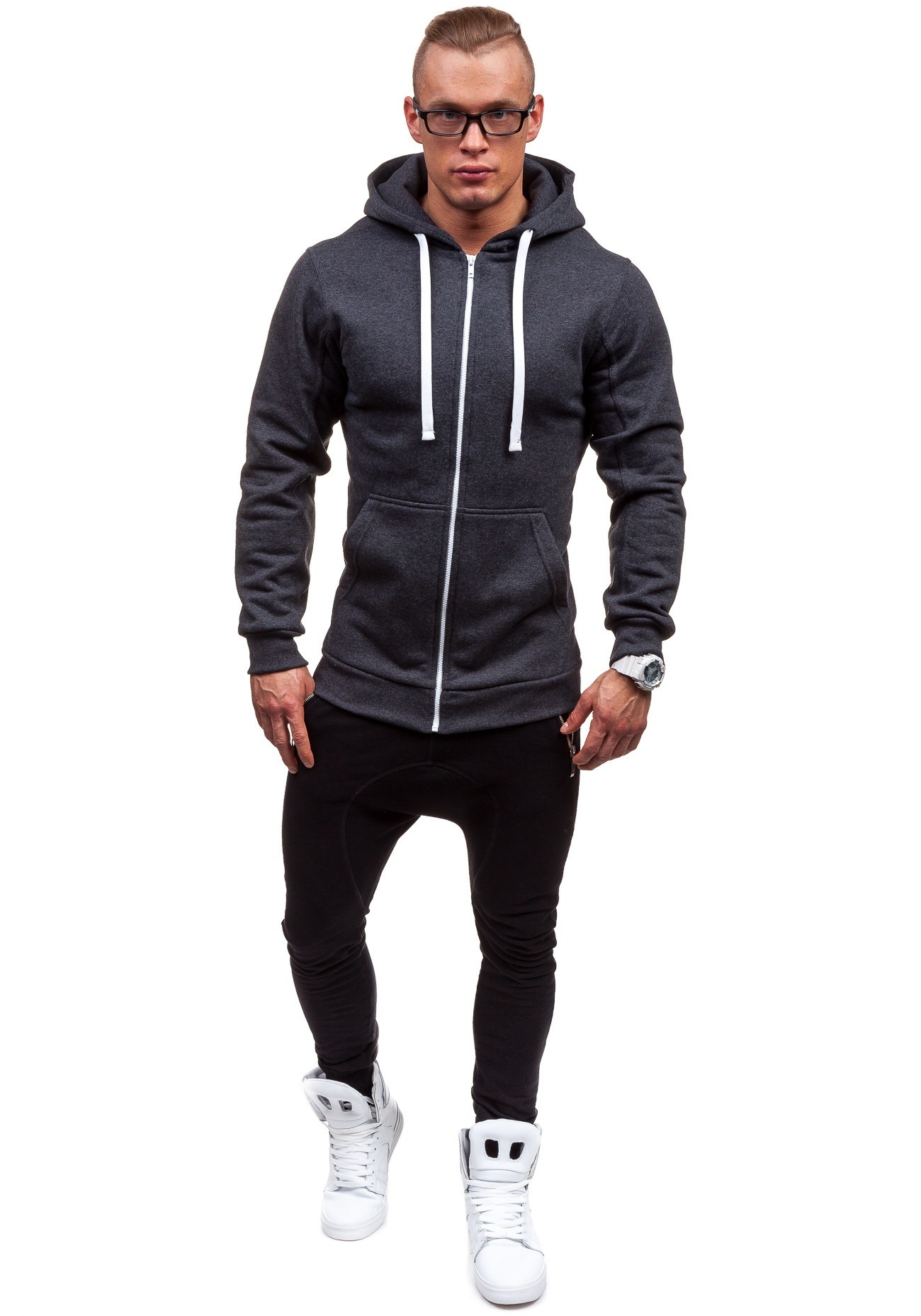 Men's Clothing supply spring and autumn men's hooded solid color slim sweater cardigan long sleeved jacket men ZW08_desvips.com