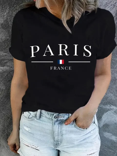 hot selling PARIS Print T-shirt, Short Sleeve Crew Neck Casual Top For Summer & Spring, Women's Clothing_voghion.com