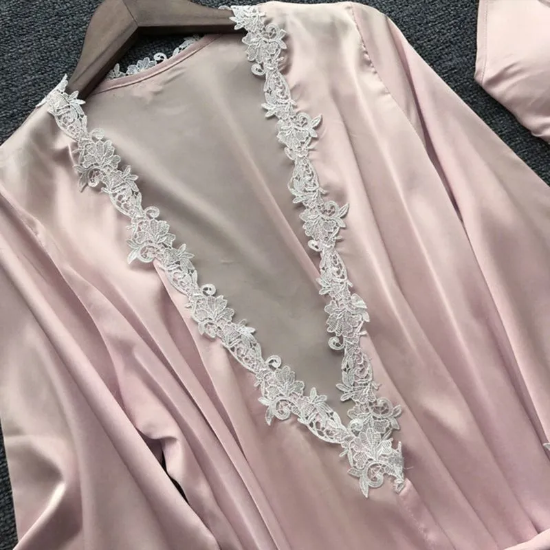 Ensemble de pyjama d'été en soie 5 pièces pour femmes, grande taille, avec bordure en dentelle florale au crochet, vêtements de nuit, couleur unie, nuisette_voghion.com