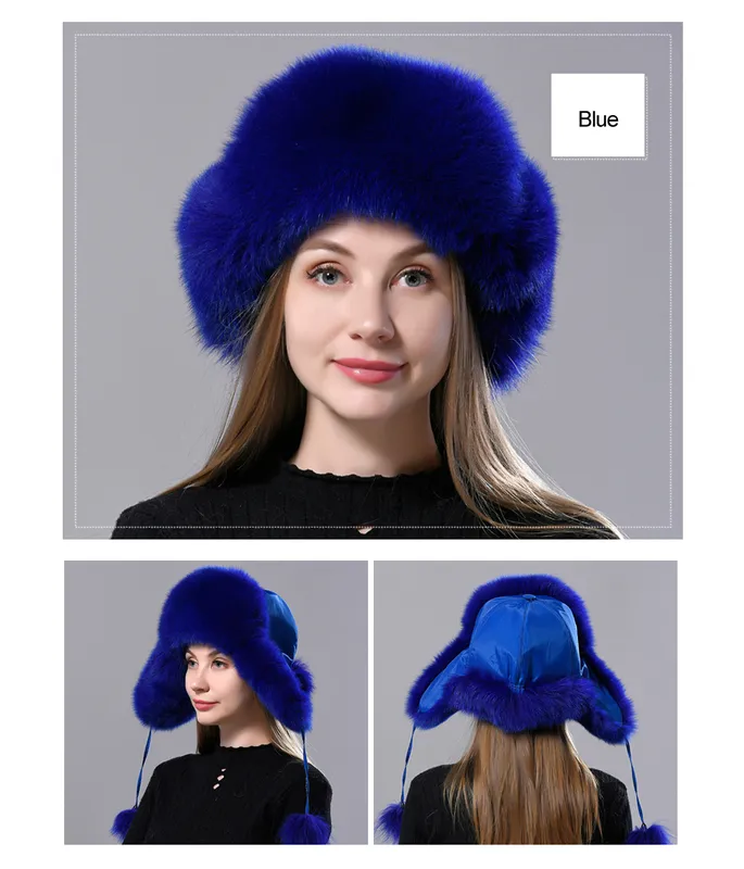 Gorro de aviación ruso de piel natural con orejas Ushanka para mujer, cálido, esponjoso y elegante, gorro de cola para mujer, gorros auténticos de moda para invierno._voghion.com