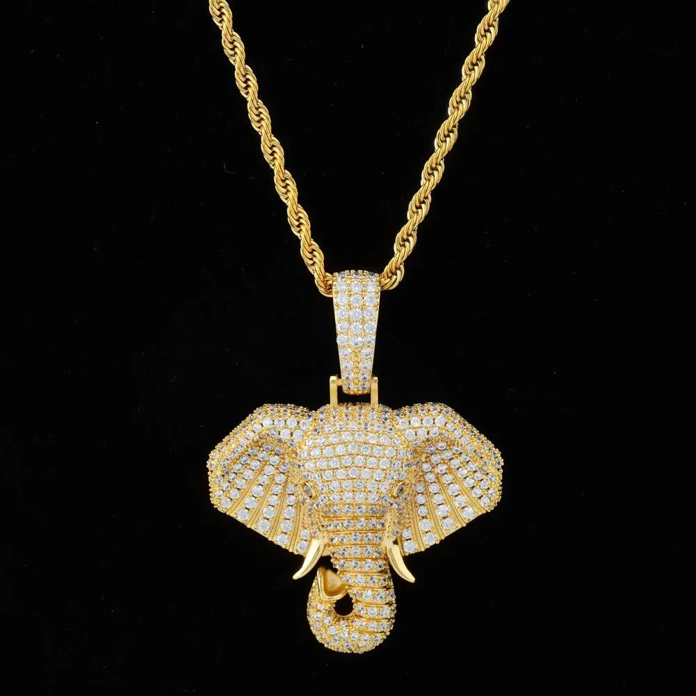 New Fashion personalized Real Gold Bling Diamond Elephant Head Hip Hop Pendant Necklace Cubic Zirconia Rapper Jewelry_voghion.com