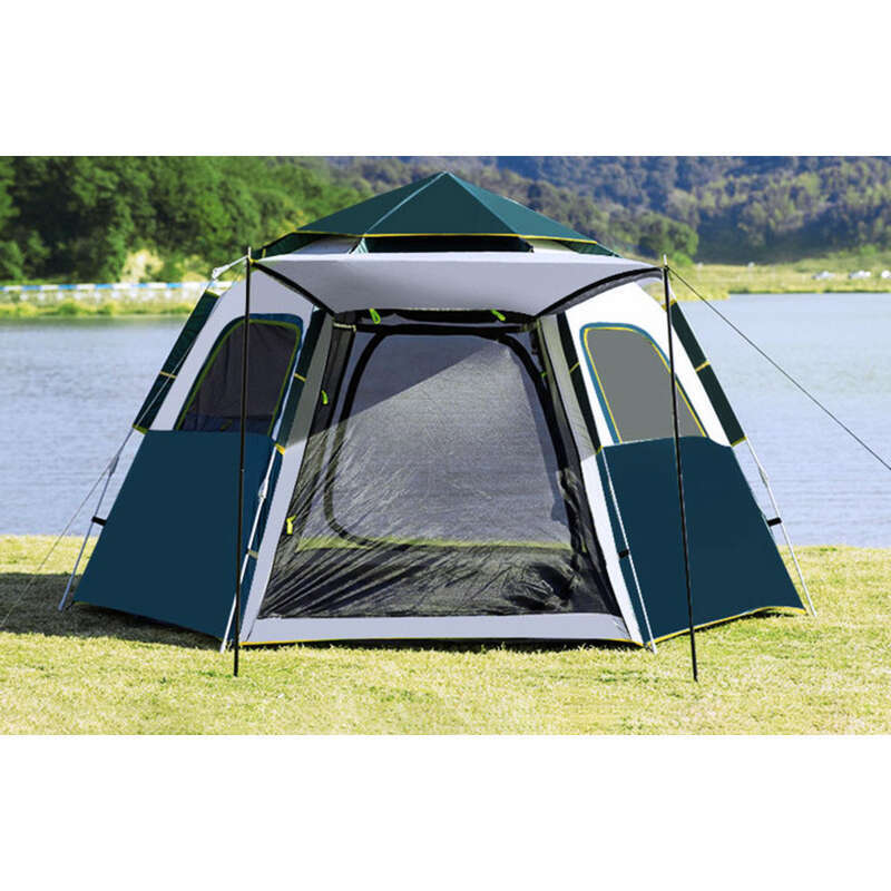 Cort de camping portabil complet automat pentru exterior, hexagonal pliabil, lipici argintiu gros, protecție solară, camping respirabil_voghion.com