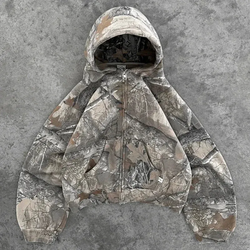 Y2K Retro Zip Up Hoodies Men Camouflage Pattern Zipper Sweatshirt High Street Hip Hop Streetwear Oversized Unisex Camo_voghion.com