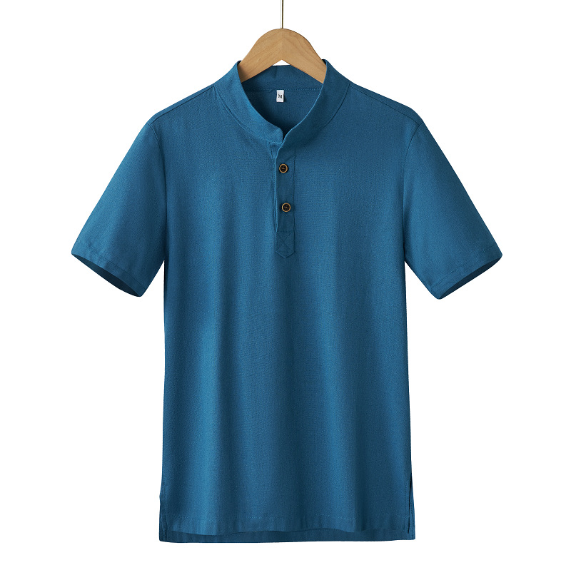 Men's Clothing  shirt solid color men's foreign trade men's summer men's cotton and linen casual shirt half placket stand collar new_voghion.com