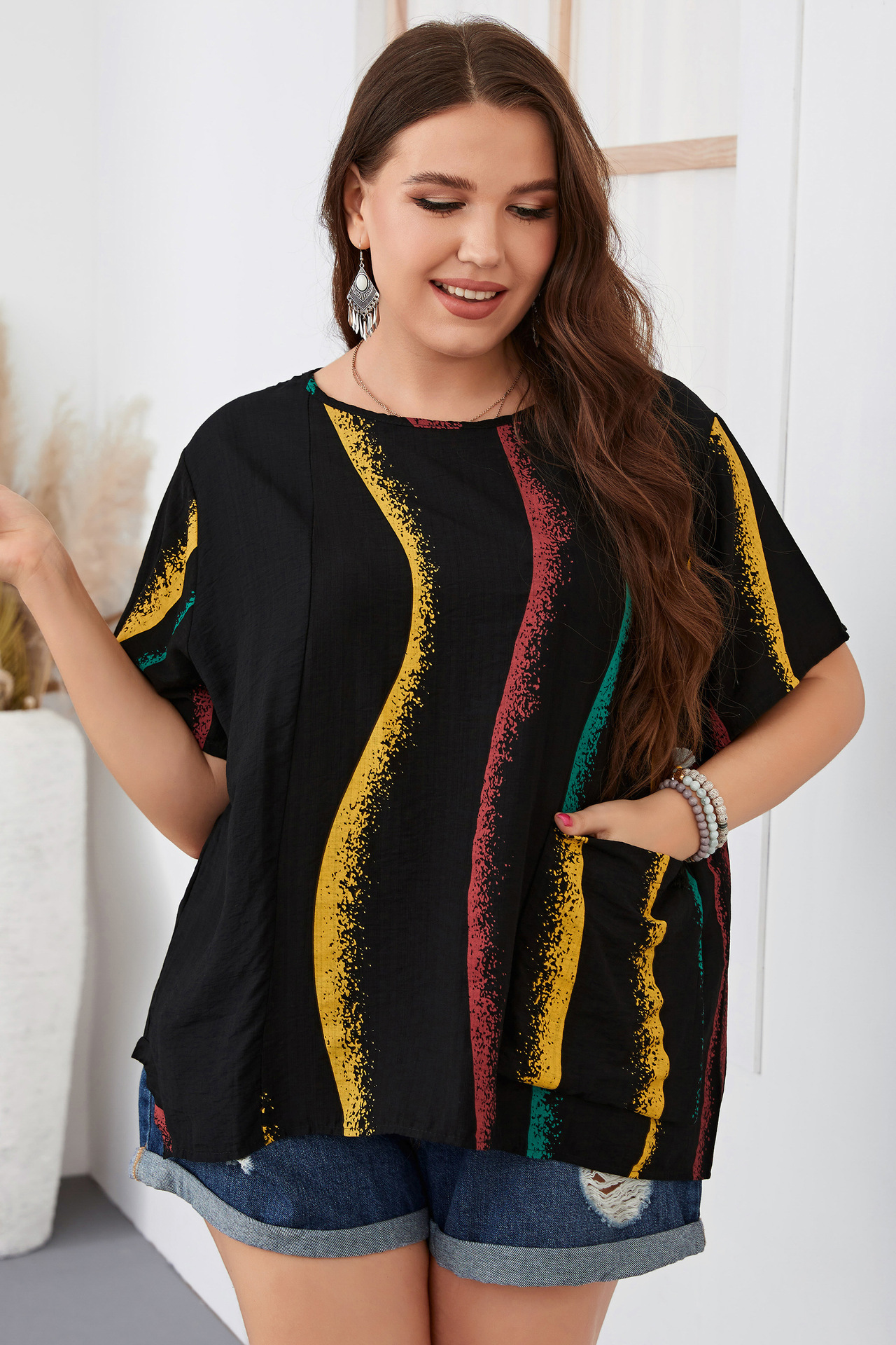 Women's striped contrast color large size women's shirt slim round neck women's clothing_voghion.com