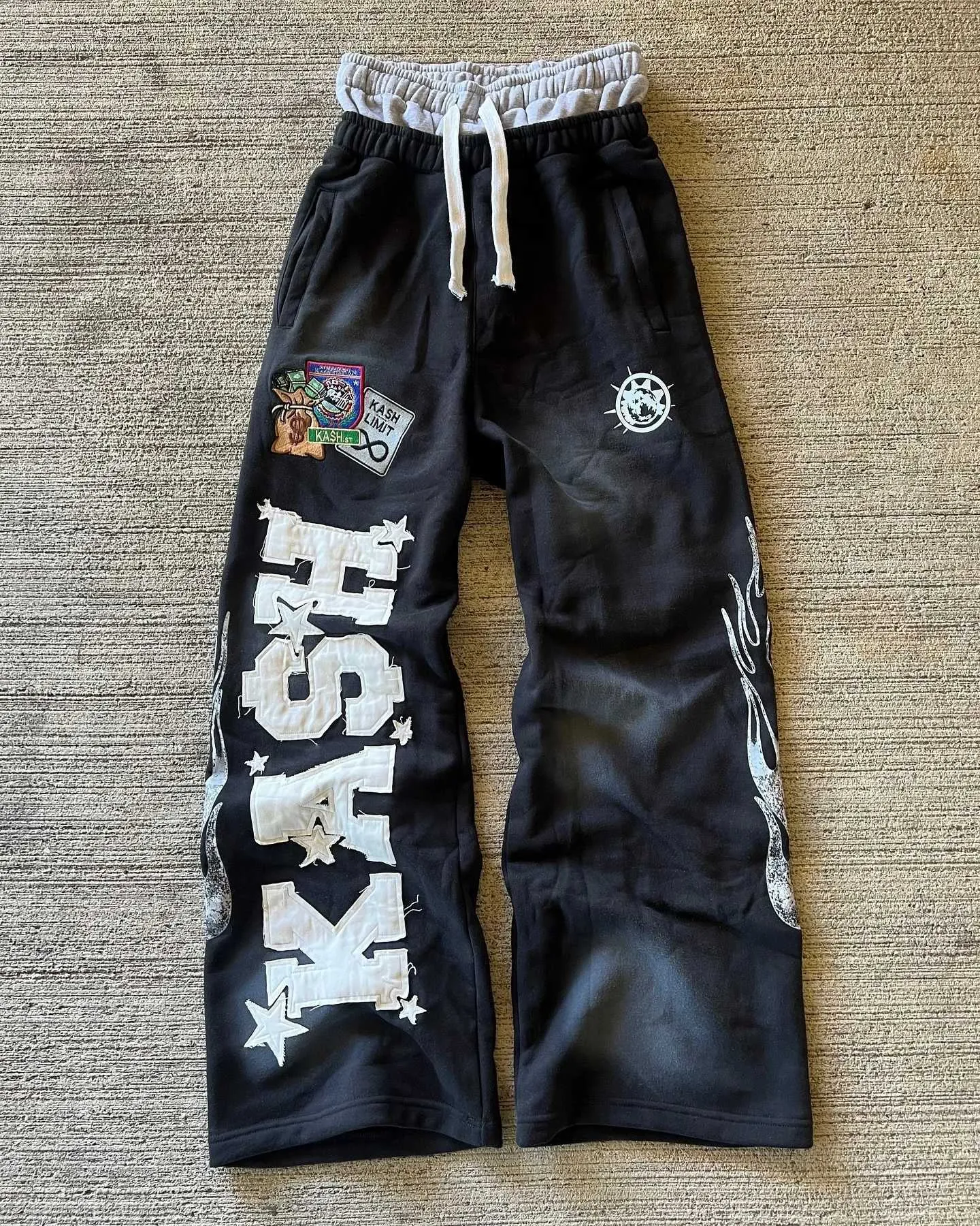 American Sweatpants Y2K Pants Men Gothic Hip Hop Letter Patch Retro Double Layer Design Baggy Elastic Waist Jogging_voghion.com