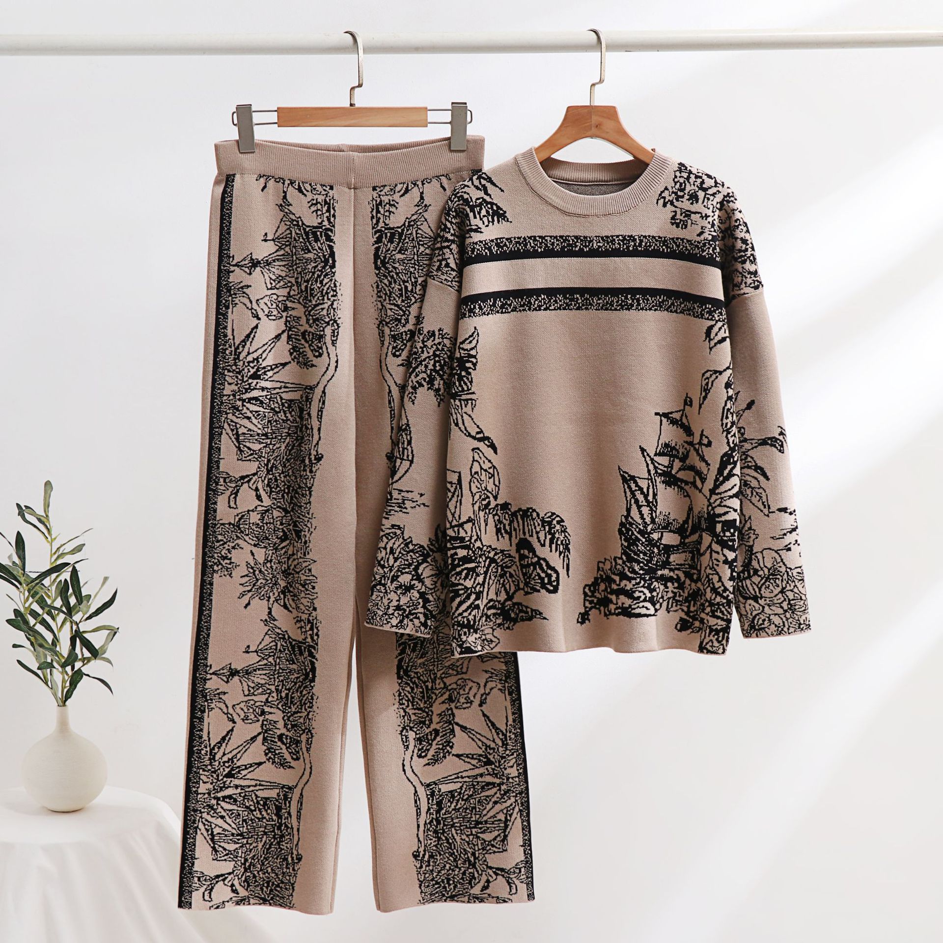 Vêtements pour femmes rétro voilier jungle tournesol tricot costume col rond haut pantalon ample