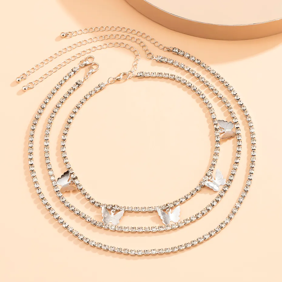 Colliers pendentifs 2023 Punk Tennis Chains Collier papillon pour femmes Mode coréenne Multi couche chaîne ras du cou Bijoux_voghion.com