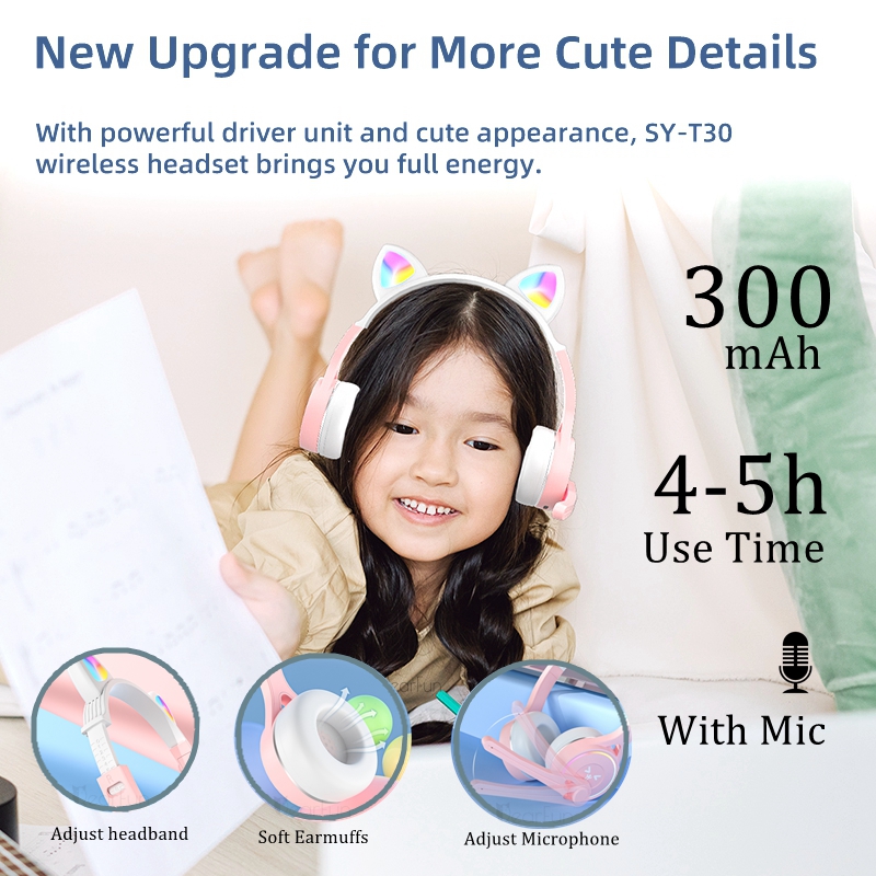 Cuffie rosa a forma di gatto, auricolari wireless RGB Bluetooth con microfono, regalo per bambini, musica stereo per iPhone, Xiaomi, supporto TF, MP3_voghion.com