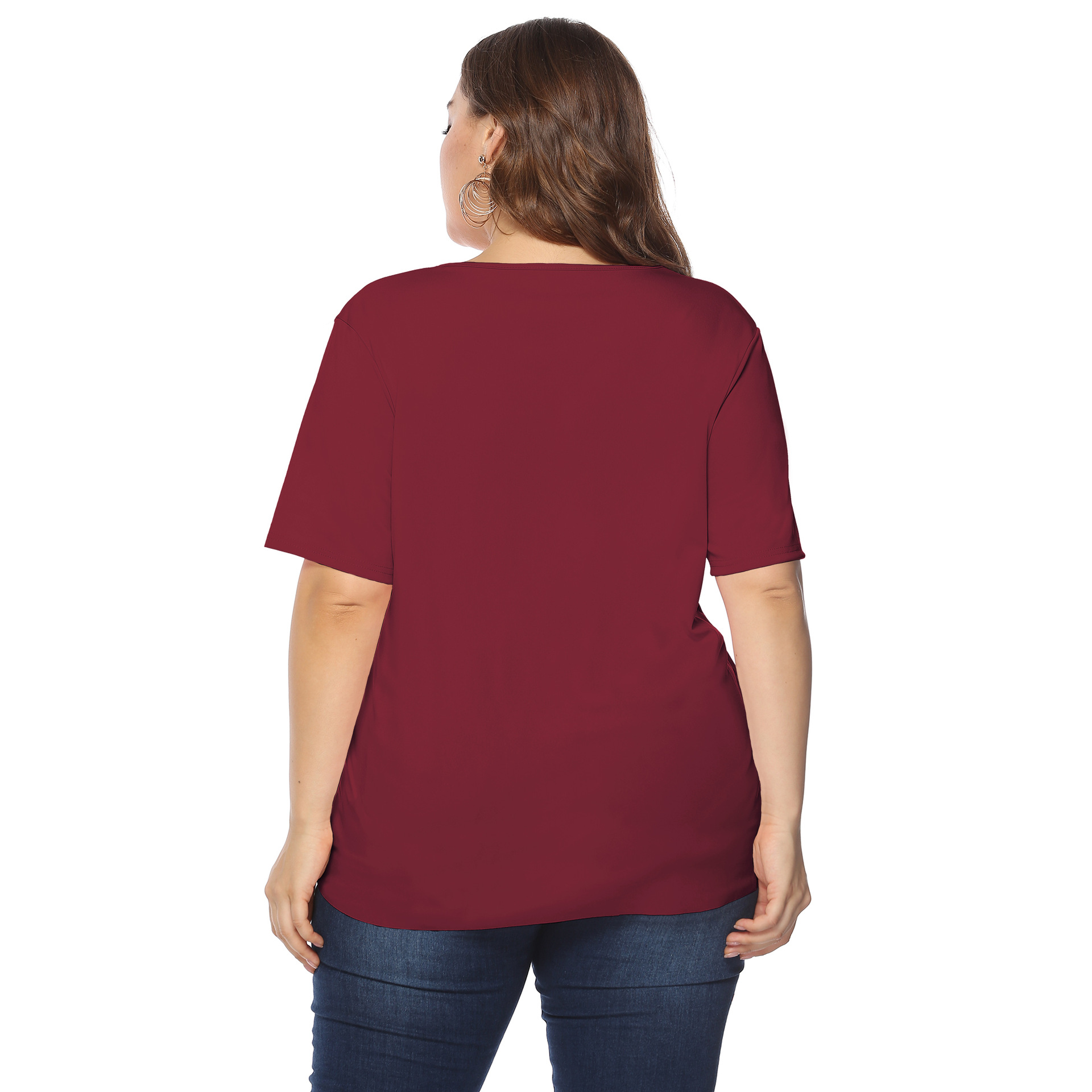 Women's tops large size women's clothing solid color burnt flower hollow wave edge casual short-sleeved T-shirt_voghion.com
