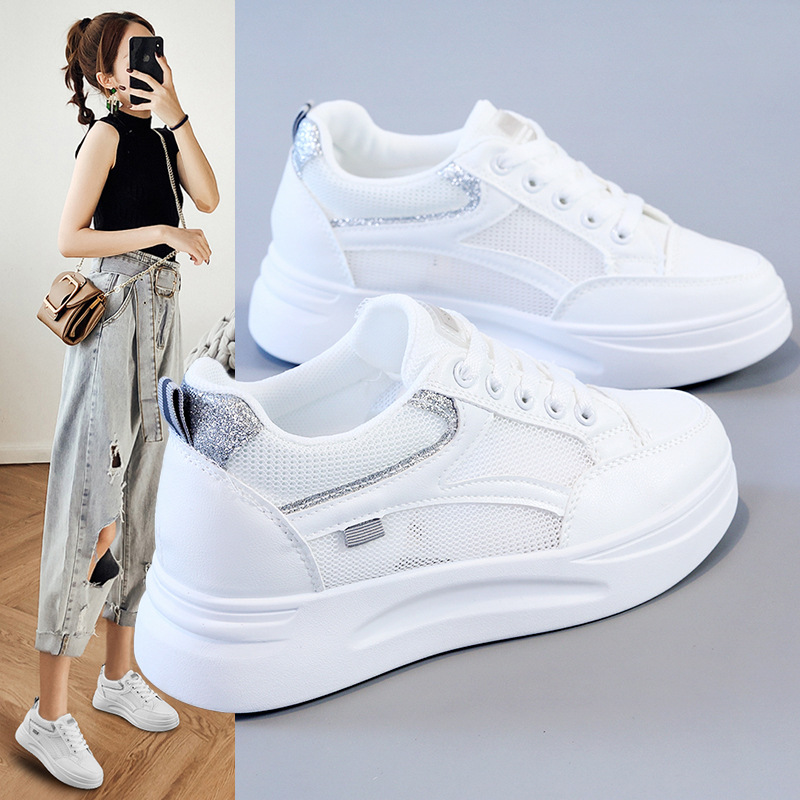 White Women's Height Increasing Sneakers Summer Mesh Casual Shoes_voghion.com