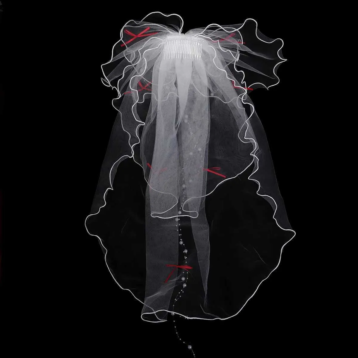 Voile de mariée court en tulle à double couche, couleur unie, avec clip et ruban, pour femme_voghion.com