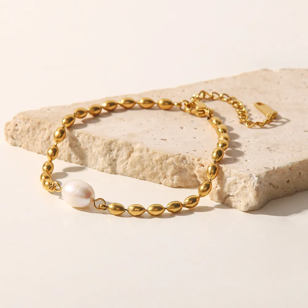 Set collana e bracciale a catena con perle in acciaio donna_voghion.com