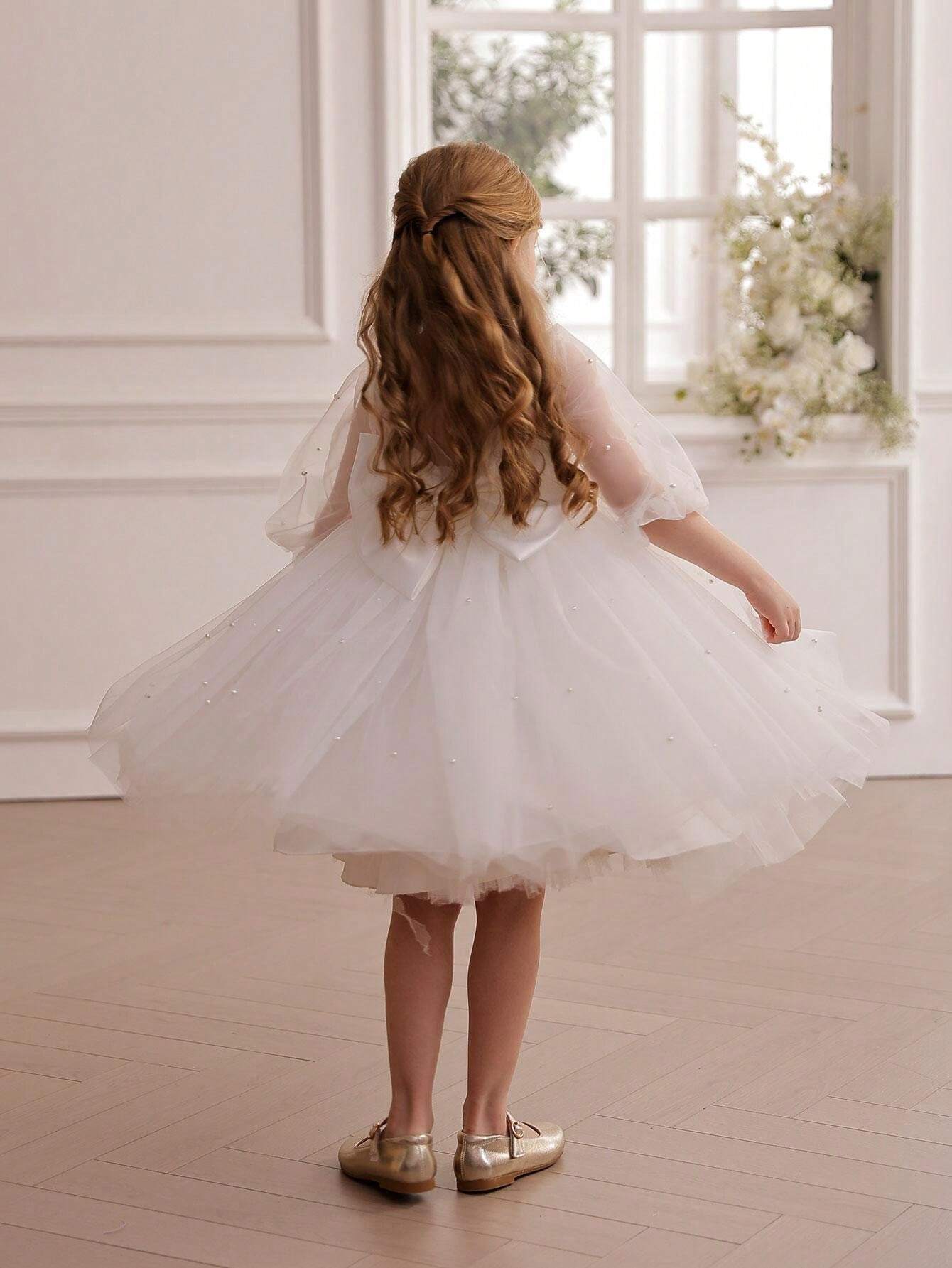 Robe de fête pour enfant, robe de princesse à nœud et fleurs, idéale pour un mariage, une fête, un anniversaire, Noël, un bal de fin d'année ou toute autre occasion importante._voghion.com