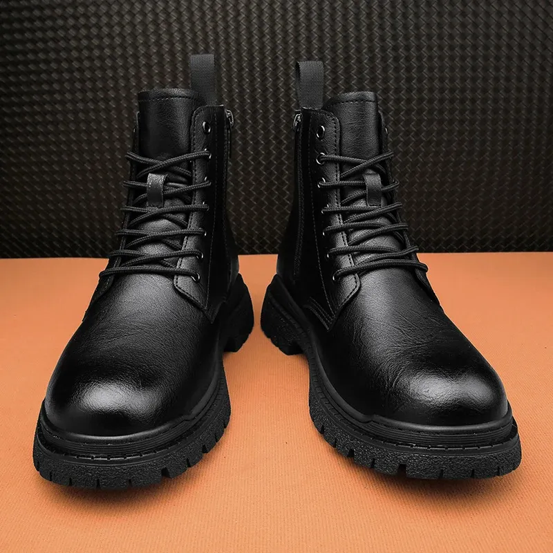 Fashion Leather High-top British Style Ins Middle-top Shoes Spring Autumn Black Winter Side Zipper Mens Boots 240629_voghion.com