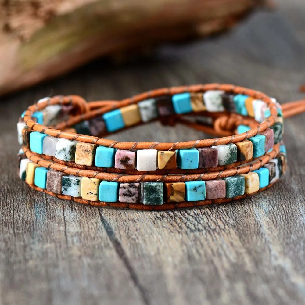 Stone Bead Leather Wrap Bracelet For Women Vintage Style_voghion.com