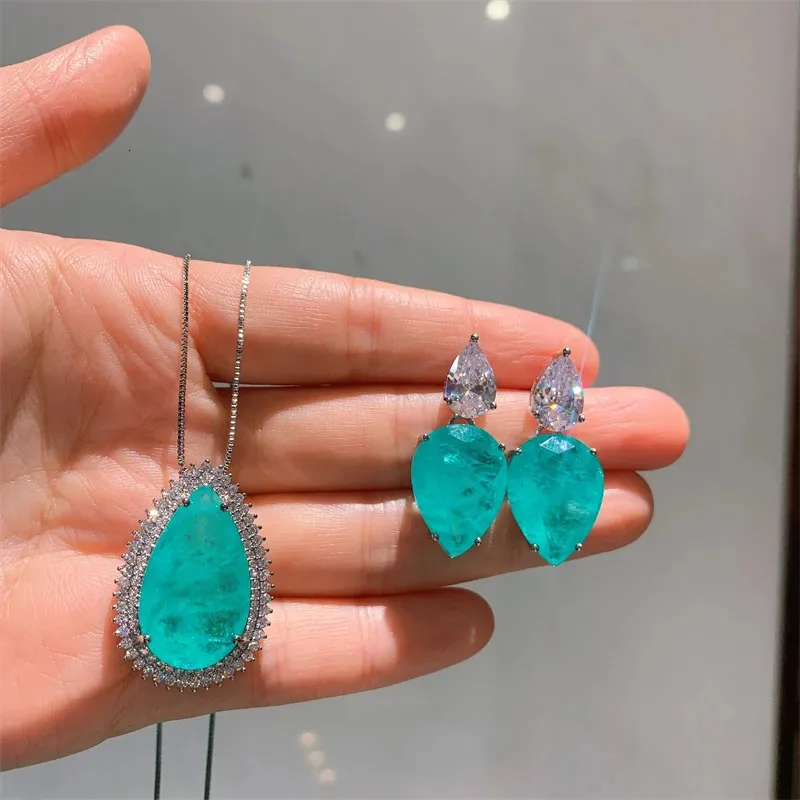 QXTC Vintage Paraiba Tormalina Gemstone Lab Diamanti Collana Orecchini Ciondoli Nozze Festa Pregiata Set di Gioielli_voghion.com